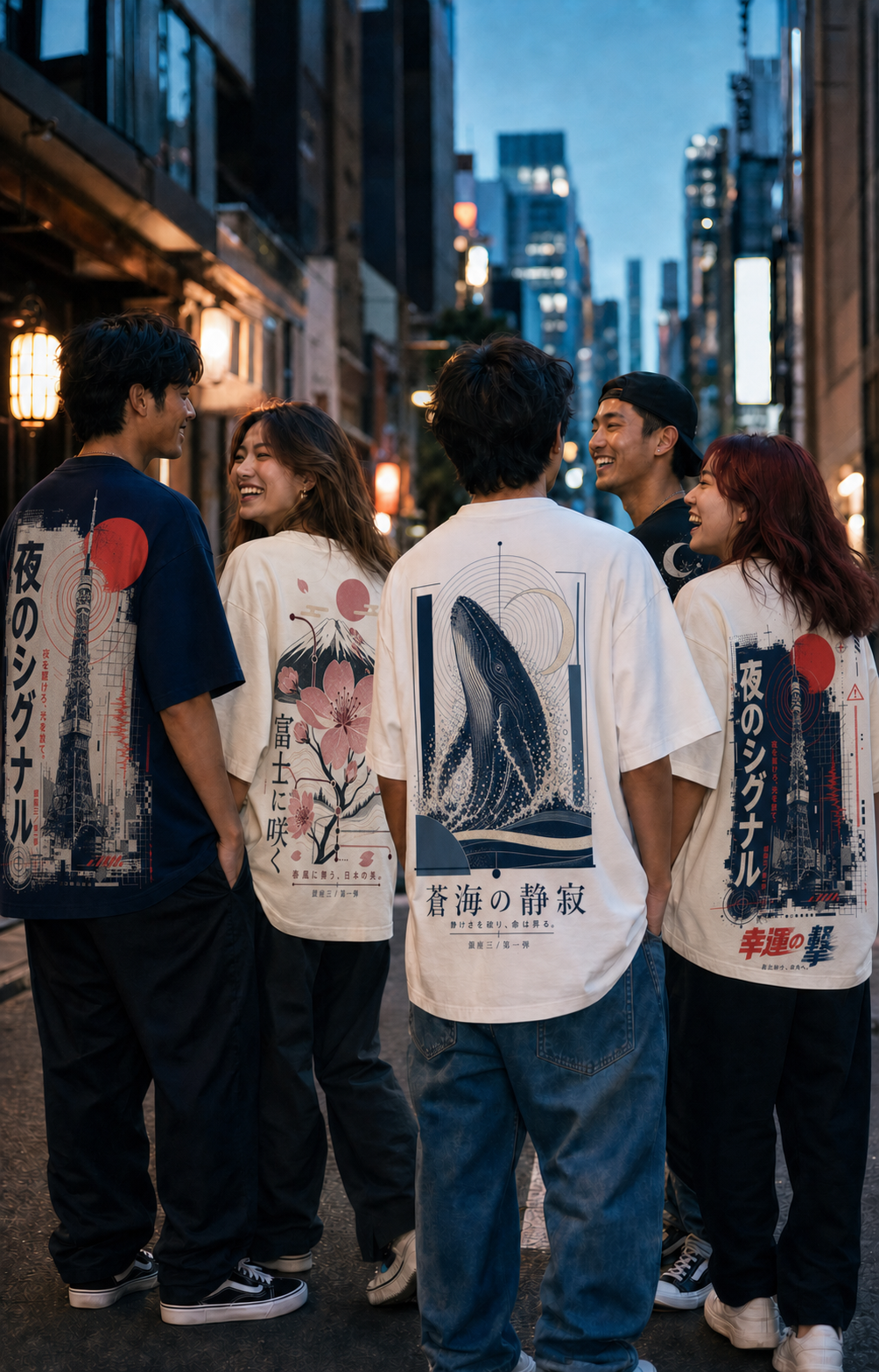 Five Ginza3 friends chatting happily in Japanese Drop 001 oversized T-shirts